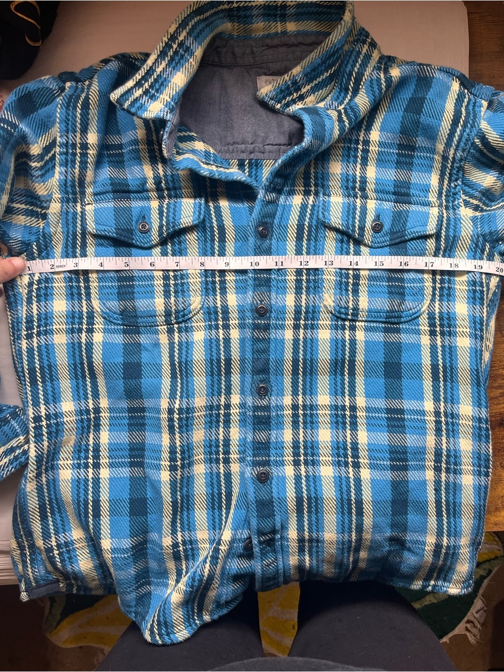 Outerknown Blue and Yellow Plaid Button Down Shacket Medium - Picture 8 of 10